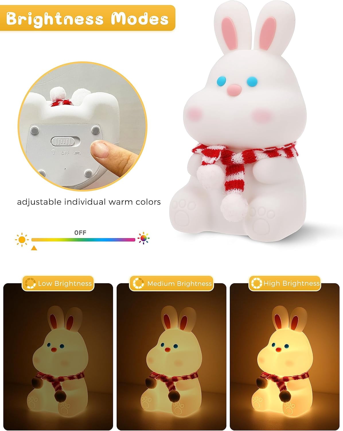 Cute Night Light, Bunny Night Light for Kids, Baby Night Light with Touch Sensor, 1W, USB Rechargeable, 2 Modes[Warm White and Color Gradient], Kawaii Room Decor for Kid's Bedroom, Nursery