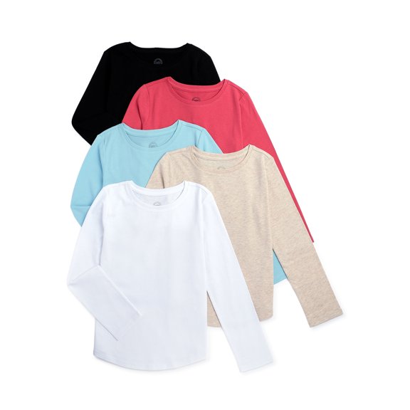 Wonder Nation Girls Long Sleeve Kid Tough Tees, 5-Pack, Sizes 4-18 & Plus
