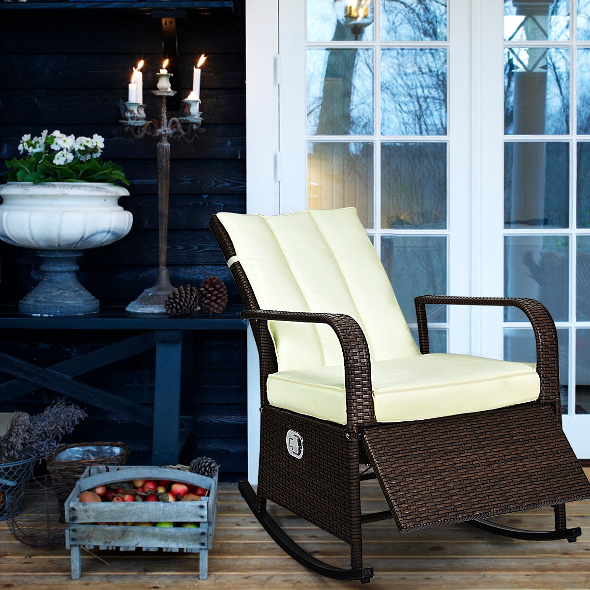 Topbuy Indoor Outdoor Patio Rocking Chair Porch Lawn Deck Wicker Rattan Recliner 