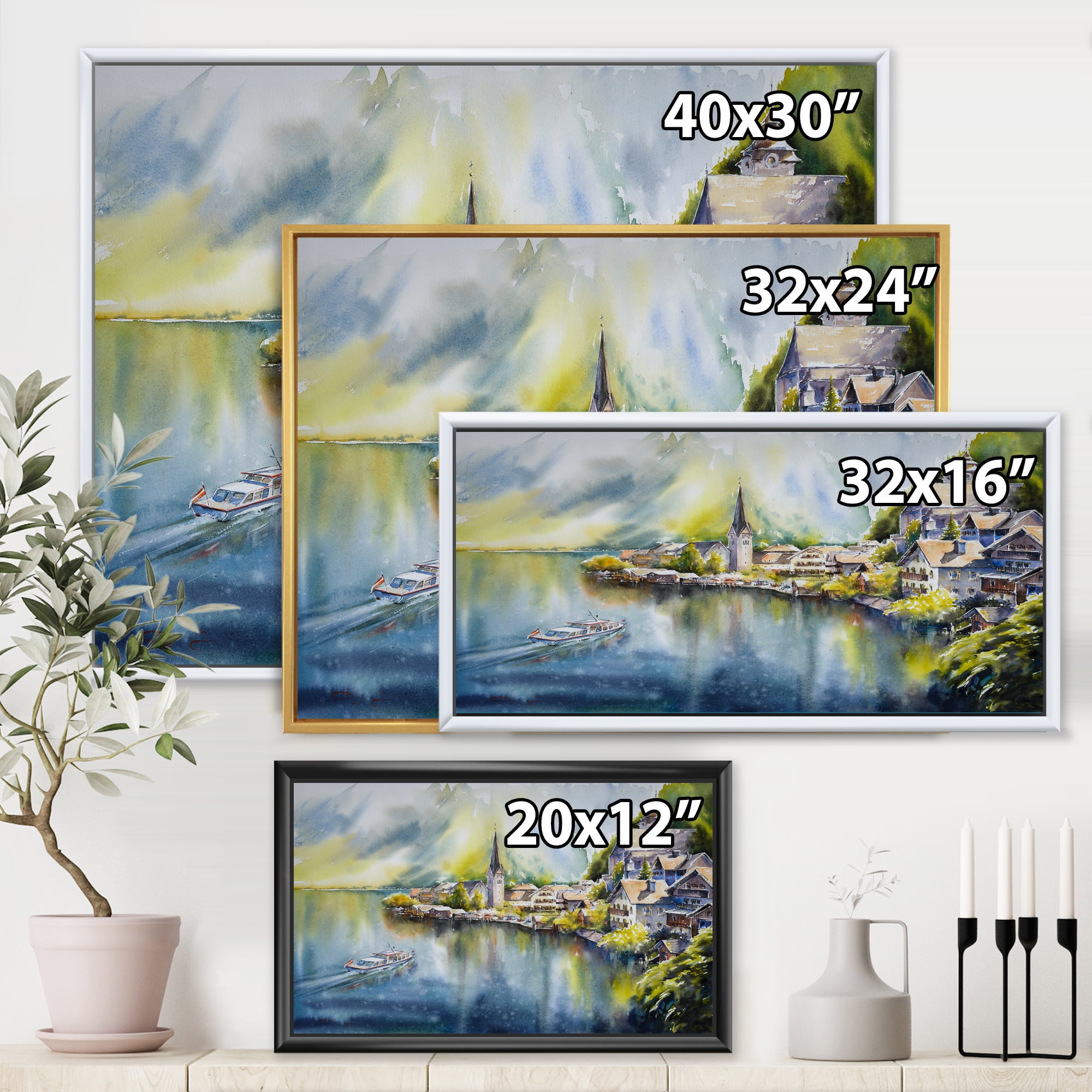 Designart 'The River In Austria Through Mountain Village' Nautical & Coastal Framed Canvas Wall Art Print