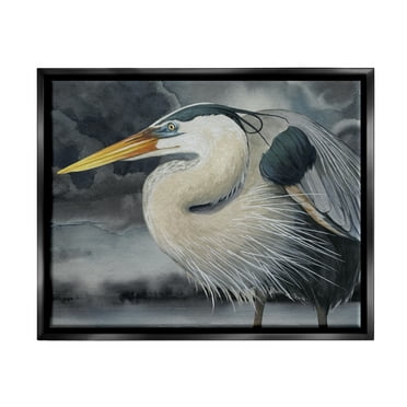Stupell Industries Dark Heron Portrait Animals & Insects Painting Black Floater Framed Canvas Art Print Wall Art, 21 x 17