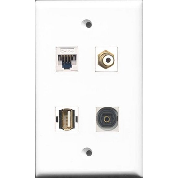 RiteAV 1 Port RCA White and 1 Port USB A-A and 1 Port Toslink and 1 Port Cat5e Ethernet White Wall Plate