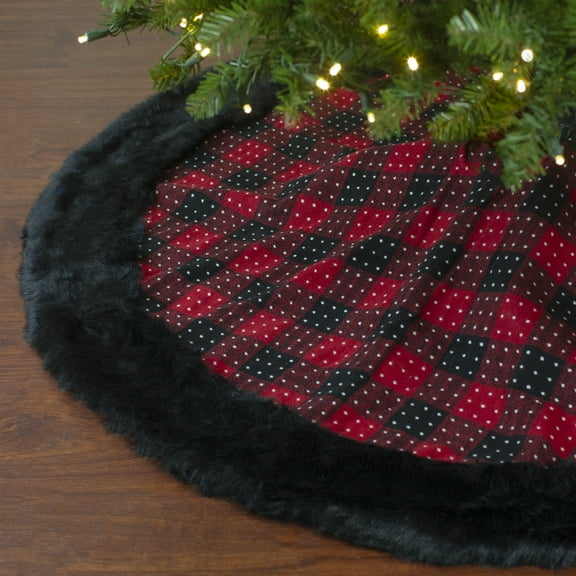 Northlight Buffalo Plaid with Polka Dots and Faux Fur Border Christmas Tree Skirt - Black and Red -