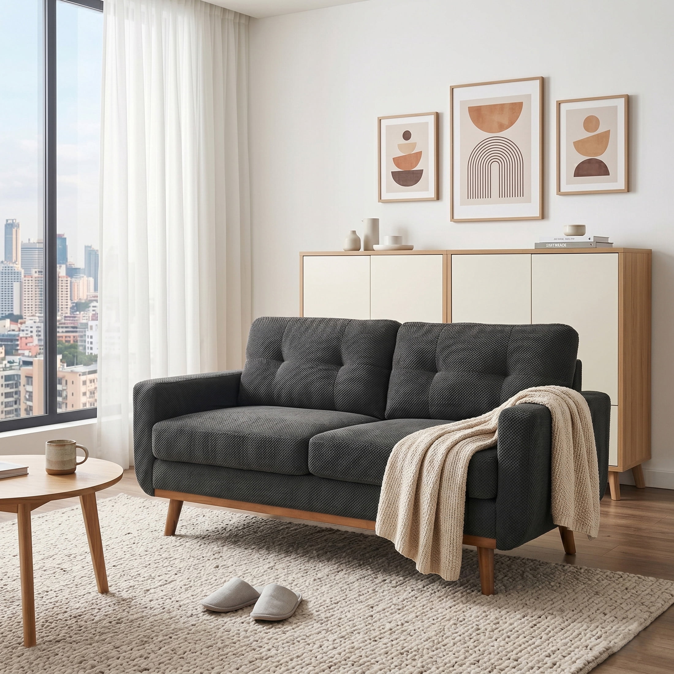 Noble House 65" Mid-Century Modern Loveseat Sofa, Nubby Upholstery, Solid Wood Legs, Dark Gray
