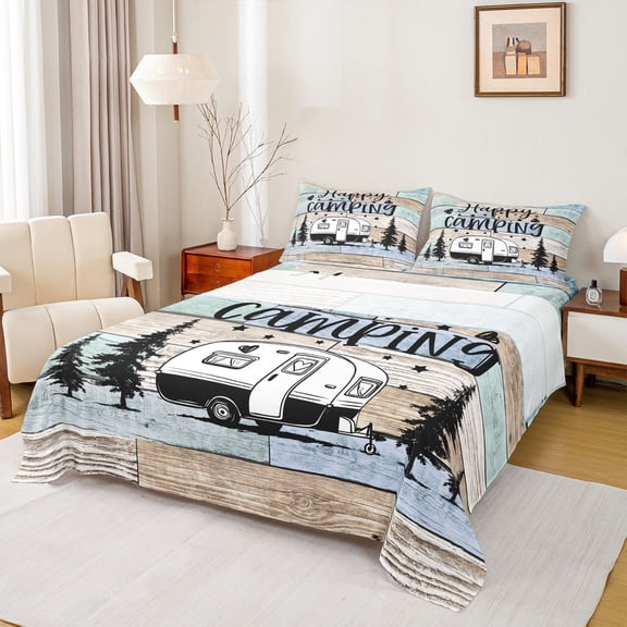 Homewish Camping Adventure Twin Sheet Sets,Camper Theme Twin Fitted Sheet,Rustic Farmhouse Cabin Flat Sheet For Kids,Microfiber Bedroom Decor,3 Pieces