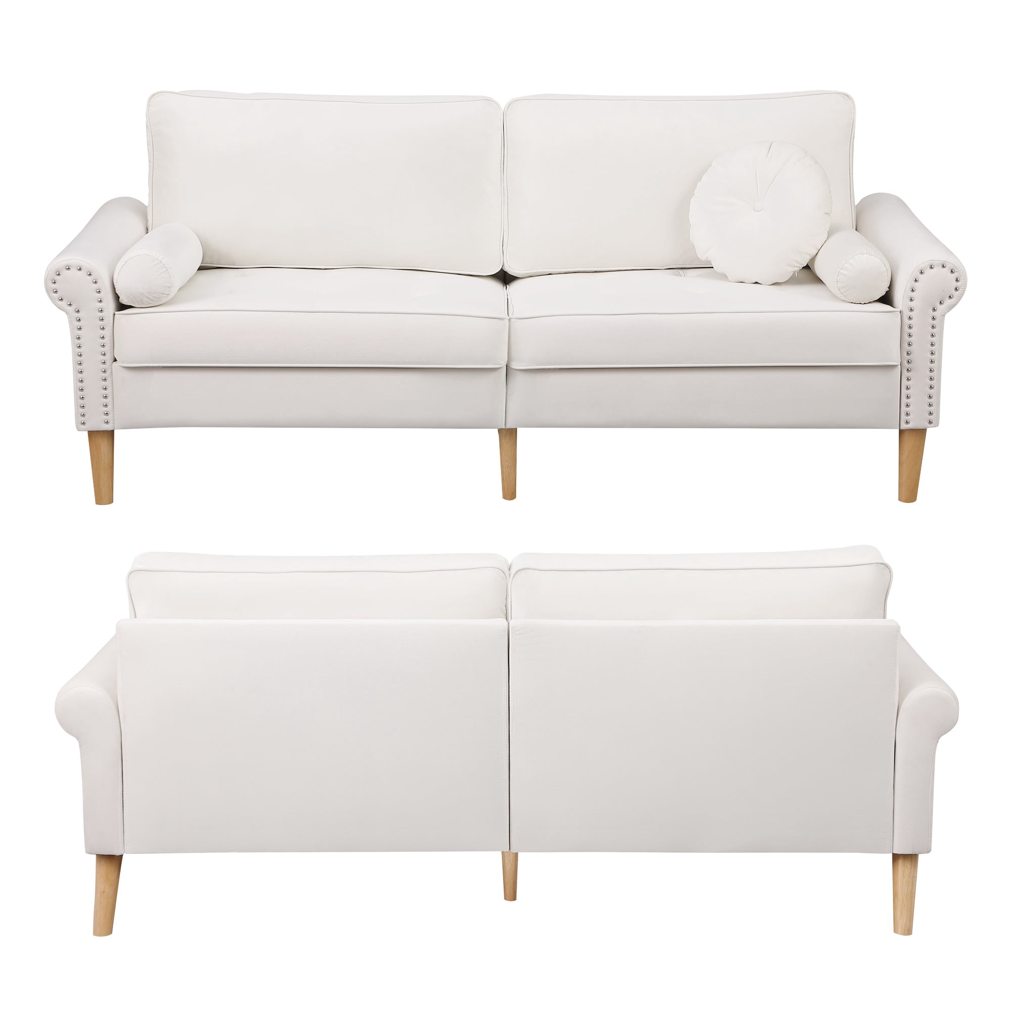 Aukfa 77.2" Sofa Couch, 3-Seater Sofa with Copper Nail and 3 Pillows, Velvet Loveseat for Living Room - White