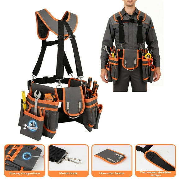 Dongyi Heavy Duty Tool Belt with Suspenders - 20-Pocket Magnetic Utility Belt for Electricians & Carpenters, Adjustable 32-66 Inch Work Belt with Detachable Pouches (Gray-Orange)