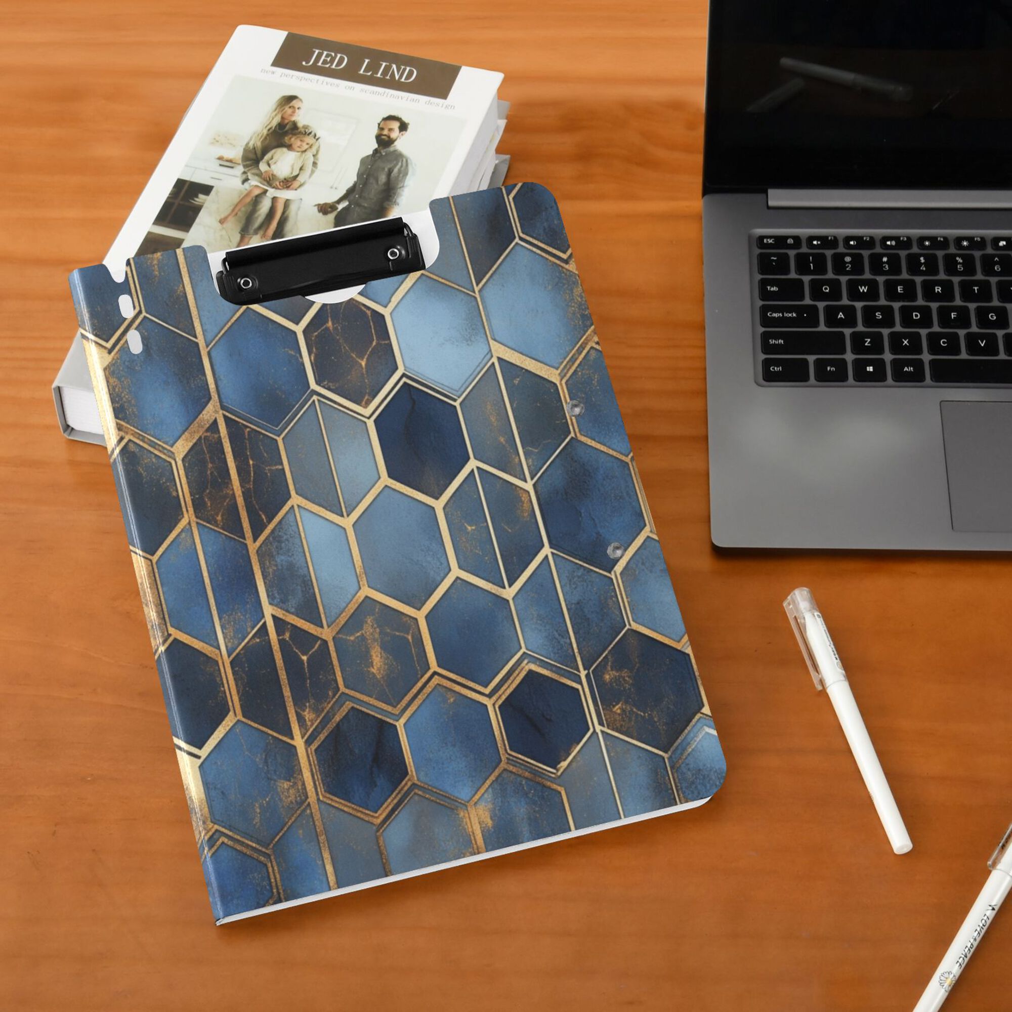 FORMRS A4 Clipboard Folder with Pen Holder Horizontal Foldable School Office Binder, Elegant Hexagon Pattern