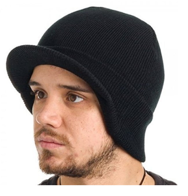 Billed Beanie 100% Acrylic Knit  Skull Cap Radar Hat Black White 1 SZ FIT UNISEX
