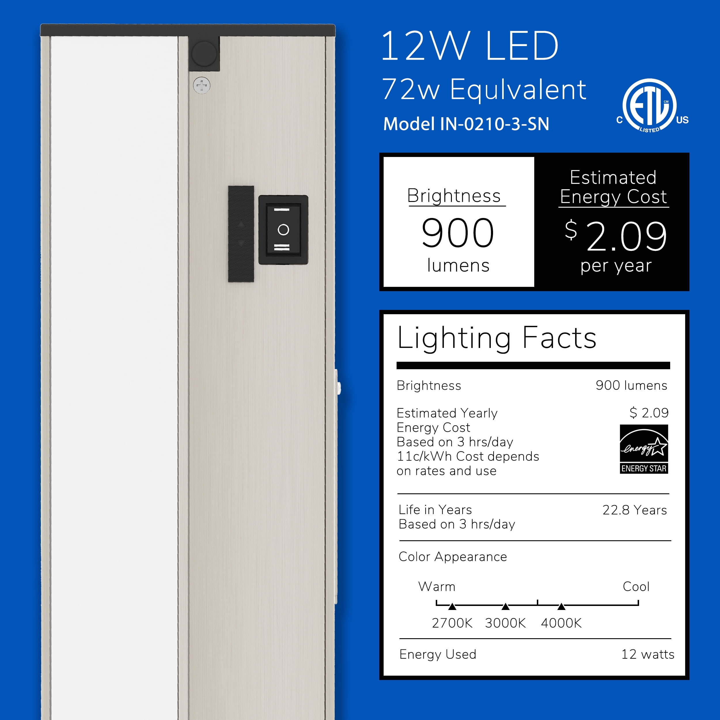 Inlight 24-inch 3 Color Levels LED Under Cabinet Lighting, Hardwired or Plugged-in, 2700K/3000K/4000K, Brushed Nickel Finished, IN-0210-3-SN