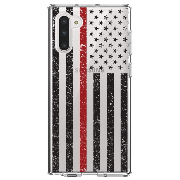 DistinctInk Clear Shockproof Hybrid Case for Samsung Galaxy Note 10 (6.3" Screen) - TPU Bumper, Acrylic Back, Tempered Glass Screen Protector - Weathered Thin Red Line US Flag - First Responder