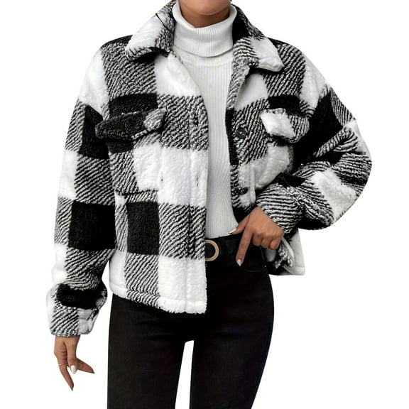 Atogsazn Womens Plaid Fleece Cropped Jacket Button Down Sherpa Flannel Coat Winter Warm Fuzzy Outerwear Clothing 03-Black M Fashion