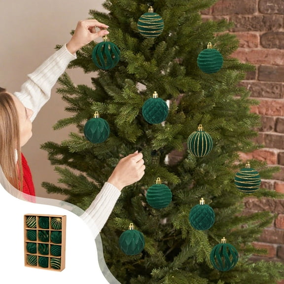 BZPIZ 12pcs Velvet Christmas Ball Ornaments Christmas Ornaments Flocked Christmas Tree Ornaments Plastic Balls Xmas Hanging Ornaments Decoration for Tree Holiday Party
