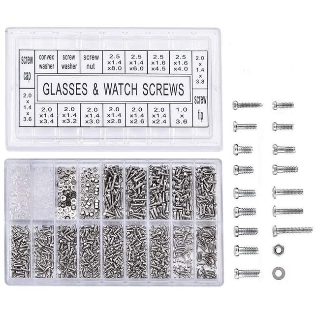 Surtido de 1000 piezas de minigafas de sol con forma de microgafas, kit de reparación de tuercas de reloj con tornillos de acero inoxidable