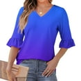 thumbnail image 2 of Jinhomg Casual Blouses for Women 2025 Trendy Gradient Color V Neck Shirts Dressy Ruffle 3/4 Sleeve Tunic Tops Flowy Spring Summer Clothes Women Blue S, 2 of 8