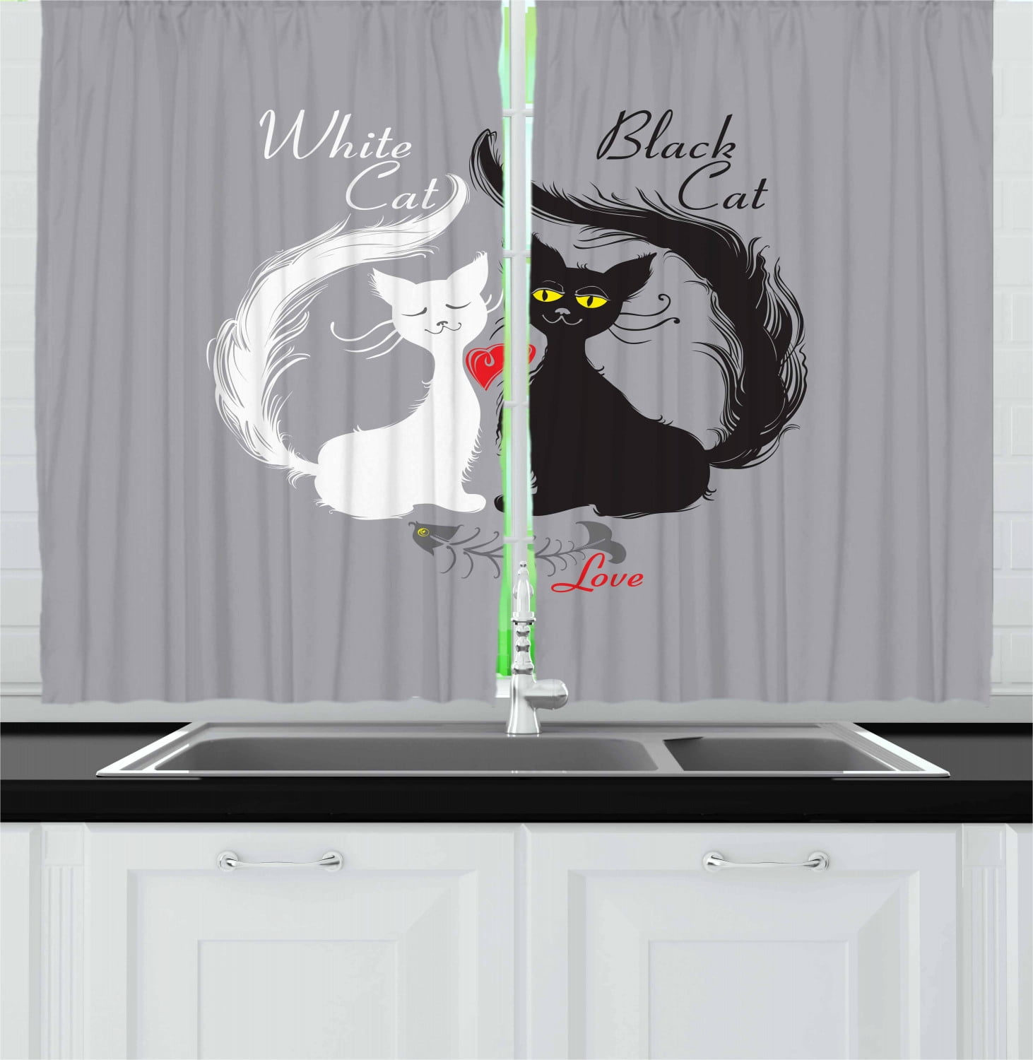Cat Curtains 2 Panels Set, Pair of Cats in Love Having Eaten Fish Red