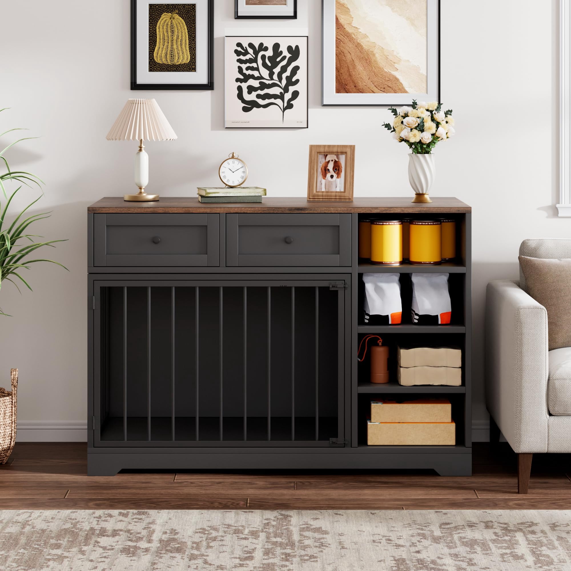 Litake Dog Crate Furniture 47”, Large Dog Crate TV Stand with 2 Drawers and 4 Shelves, Wooden Dog Kennel Indoor, Decorative Dog Cage with Storage for Large Dogs, Black