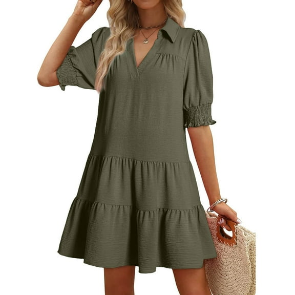 Njagoc3 Womens Casual Loungewear Soft Cotton-Blend Solid Color Ruched V-Neck Short Sleeve Puff Sleeve Dress