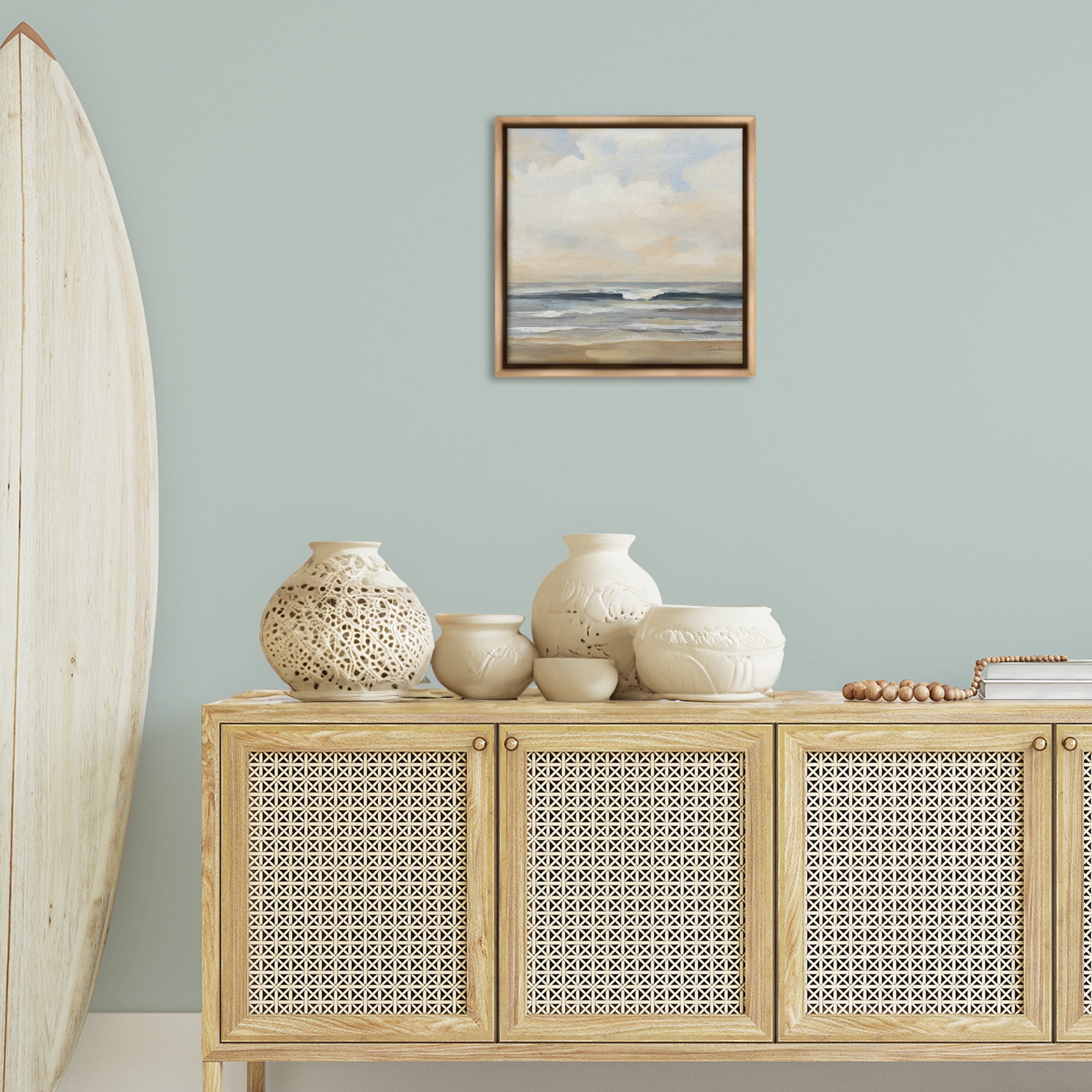Stupell Industries Misty Haze Shoreline Nautical & Beach Painting Brown Floater Framed Canvas Art Print Wall Art, 18 x 18