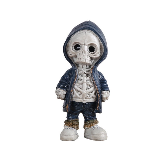 Dibujos animados de Halloween Esqueleto Estatuilla Estatua Accesorios para fotos Resina Coleccionable Adorno decorativo Escultura de esqueleto para Azul oscuro