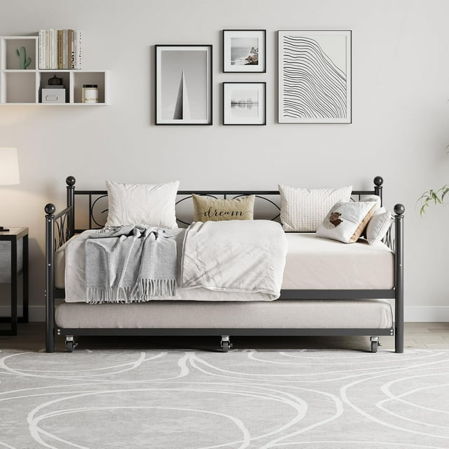 Twin Daybed with Pull-Out Trundle, Metal Frame with Flower Headboards