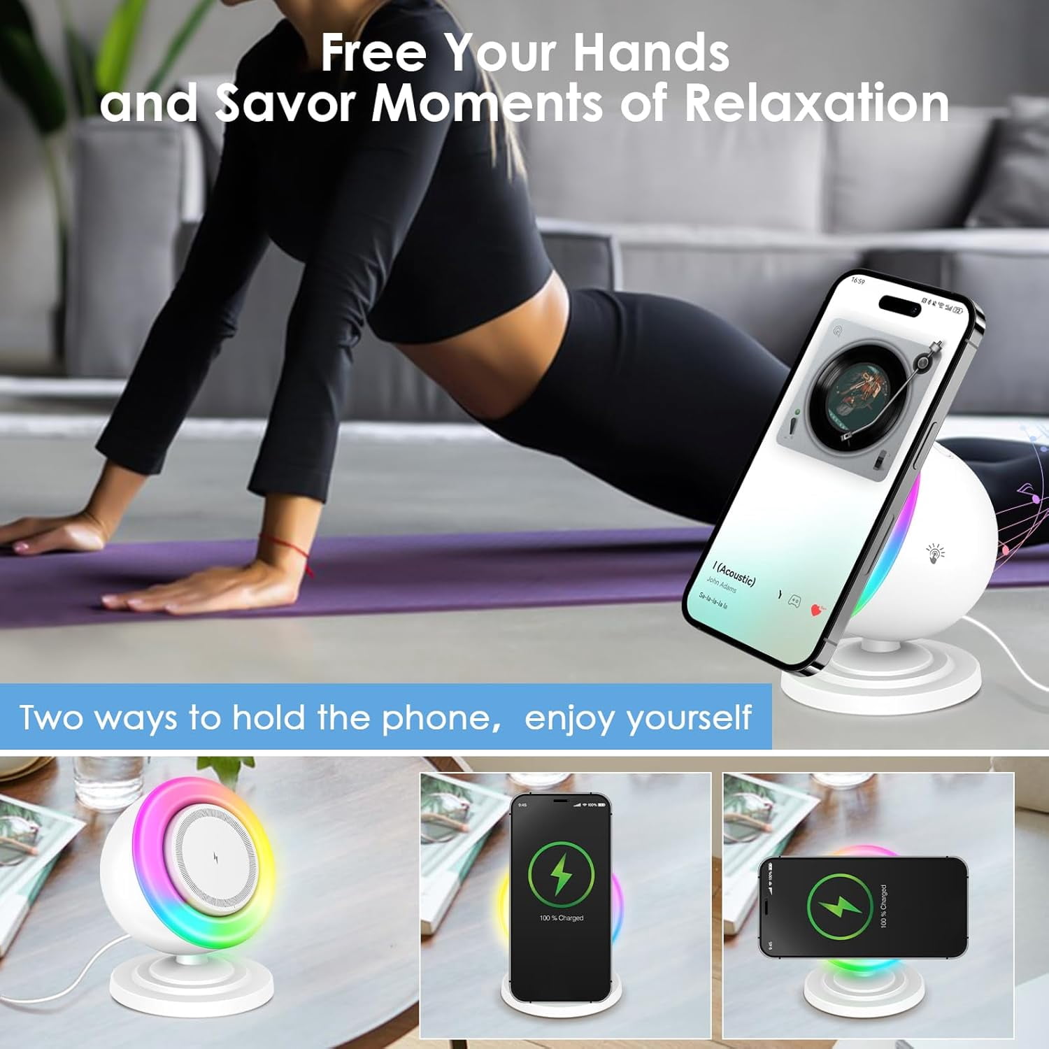 Magnetic Wireless Charger with Bluetooth Speaker and Night Lights, 4 in 1 Charger Stand for iPhone 12-16 Series,Charge While Listening to Music with RGB Lights for Home Decor, Bedroom, Office Charger