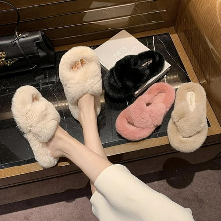 

Slippers for Women Fluffy Open Toe Slide Slippers Faux Fur Plush Fuzzy Cozy Winter Warm Luxury Fashion Style Pillowy Memory Foam Cushion Anti-Skid Non Slip Sole GMYLE (Beige Medium US 7/8)