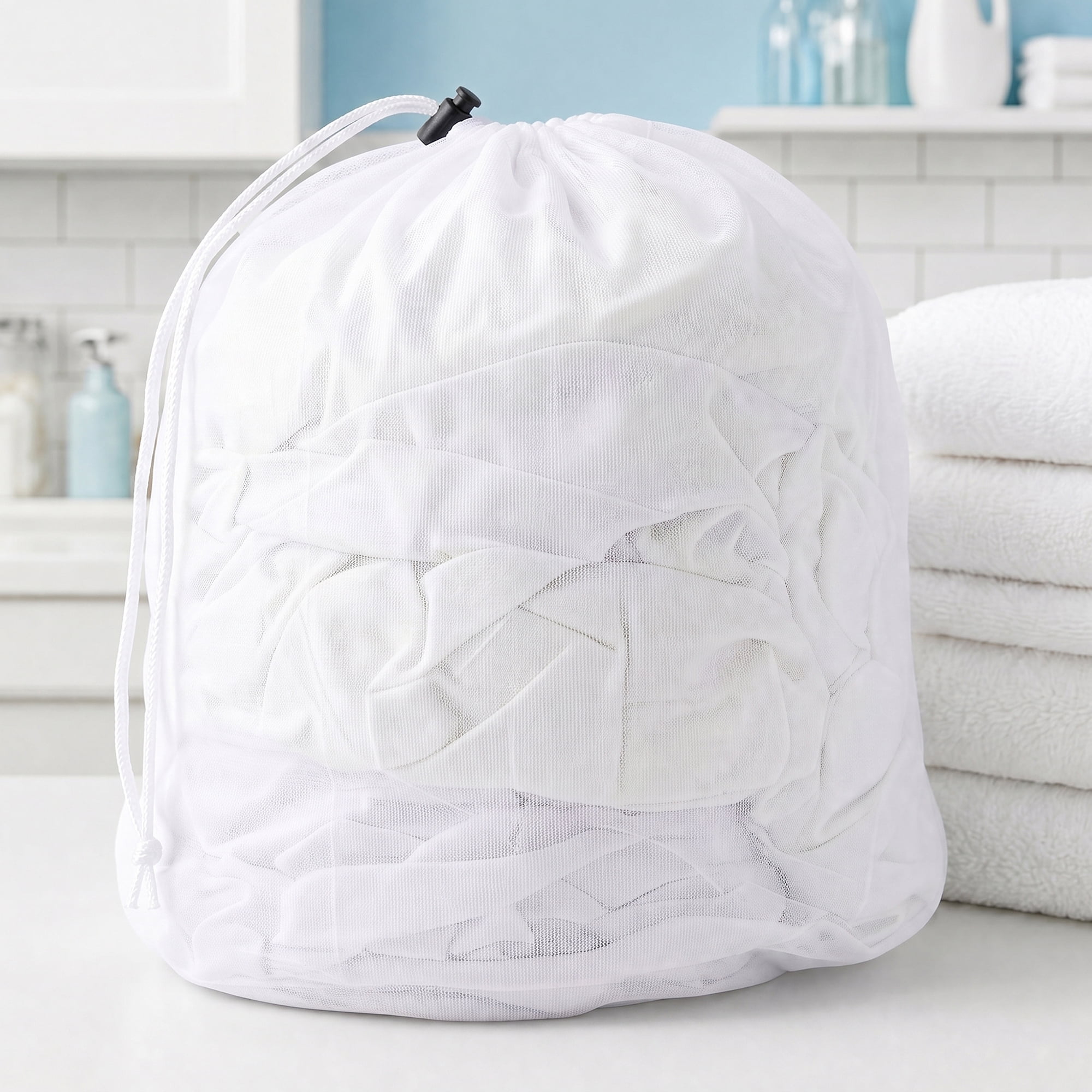 Unique Bargains 2 Pack Nylon Mesh Laundry Bags with Drawstring Closure for Socks White A 15.7"x19.7"