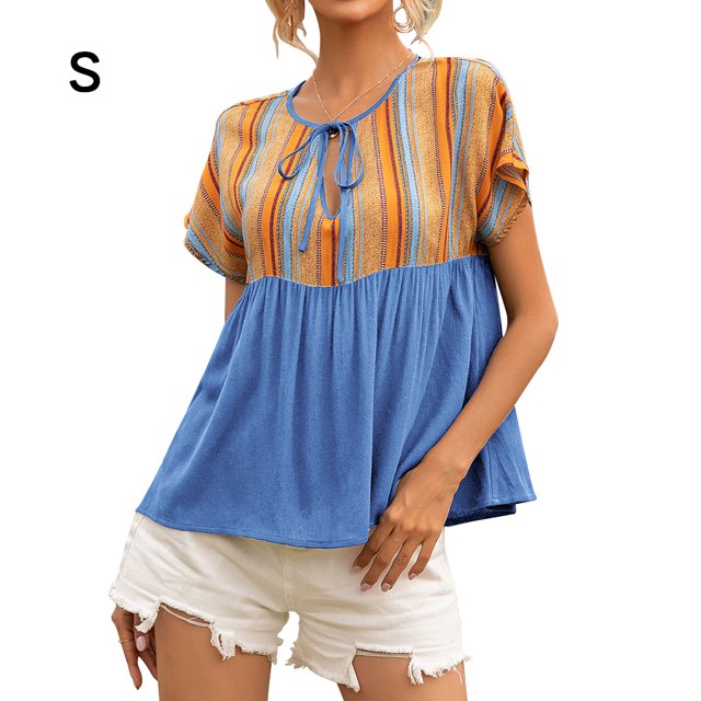 Camiseta de mujer Étnico Manga corta Hueco Con cordones Verano Casual Top, Azul, S Eigraketly AP001227-09