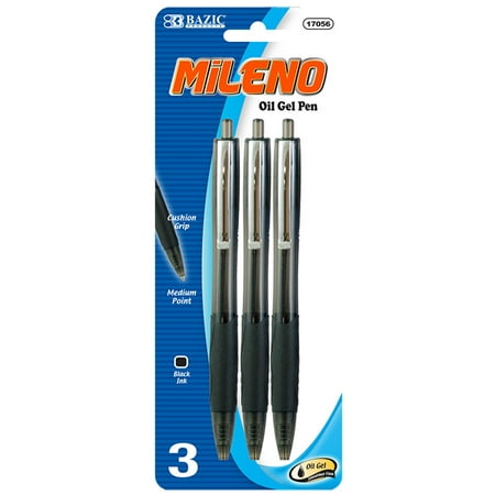 (Price/Case of 144)Bazic Products 17056-144 Mileno Black Oil-Gel Ink Retractable Pen W/ Cushion Grip & Metal Clip