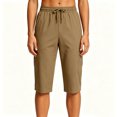 thumbnail image 3 of Women's Summer Casual Shorts, Mid Waist Knee Length with Pockets, Solid Color Soft Cotton Shorts, Daily Fashion Lounge Shorts, Womens Casual | TruHer,Khaki 3XL, 3 of 7