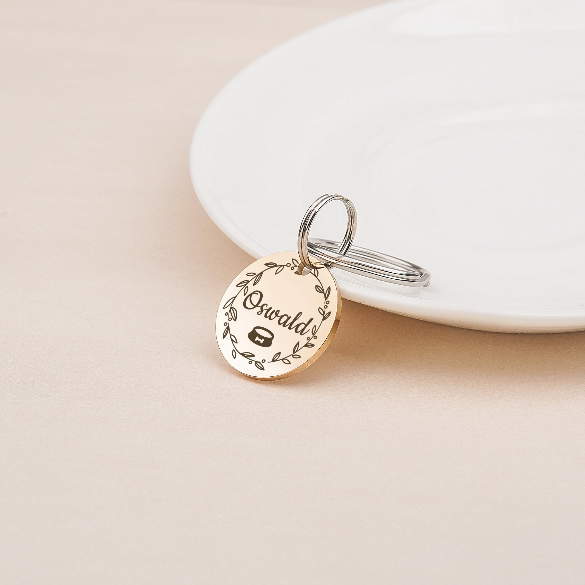 Anavia Metal Stainless Steel Round Name - Icon - Boarder Birthday Holiday Christmas Engraved Dog Cat ID Tag, Rose Gold