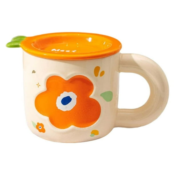 Toystoory Taza de cerámica con tapa para café y agua, bonitas tazas con diseño de flores, recipiente para desayuno, asa para taza, suministros Juegos de servir café y té Naranja