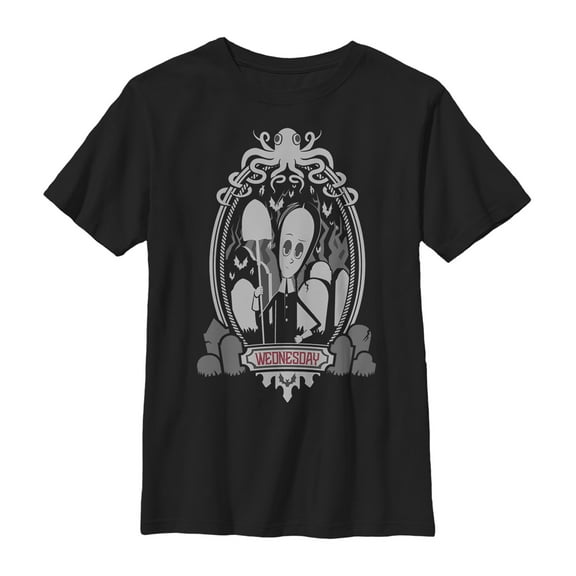 Boy's Addams Family Wednesday Octopus Portrait  Graphic Tee Black X Small