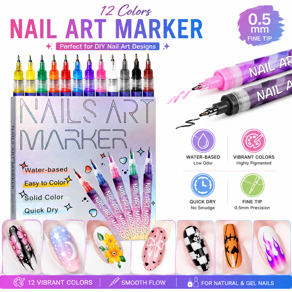 12 Colors Nail Art Marker Pens Set, DIY Nail Drawing Pens for Gel Nails, Fine Tip Liner Tools