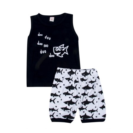 

xingqing 2Pcs Toddler Baby Boys Clothes Shark Print Summer Sleeveless Tank and Short Pants Summer Clothes Black 12-18 Months