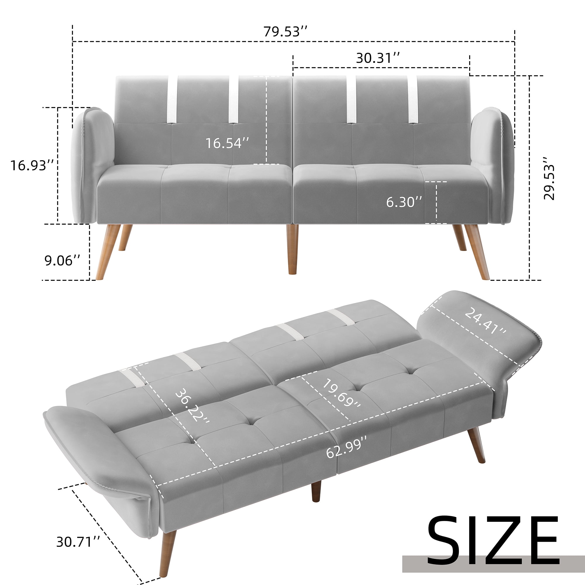 Walsunny 79" Velvet Futon Couch Sofa Bed, Folding Sleeper Loveseat with Adjustable Armrests Backrest Light Grey