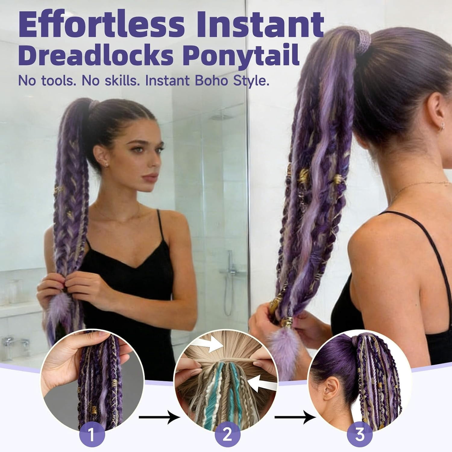 Elastic Dread Ponytail-22 Inch Hand-Woven Lightweight Style with Beads. Quick-Wear Hair Extensions Create Bold Boho Style, Great as a Braided Ponytail or Dreadlocks Ponytail for Festival & Daily