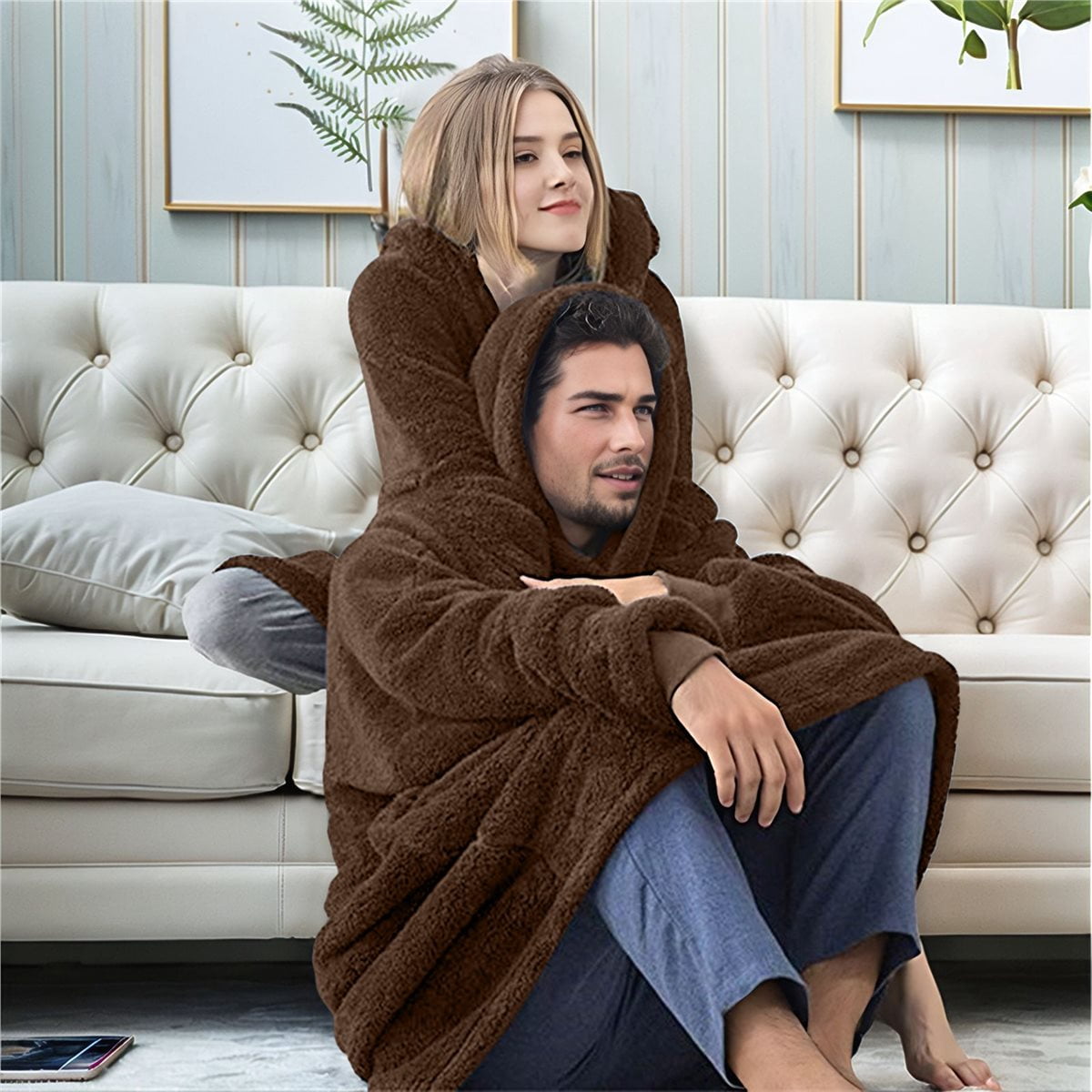 Oversized Blanket Hoodie Sweatshirt, Wearable Lounging Pullover for Adults Women Men Brown One size