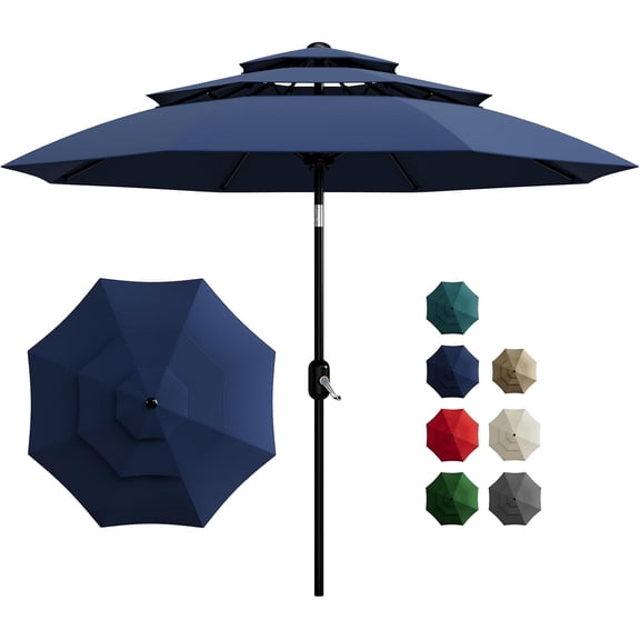 10Ft 3-Tier Patio Umbrella, Outdoor Table Umbrella with Vents, Easy Crank and Push Button Tilt, Market Umbrella with 8 Sturdy Ribs for Pool, Deck, Yard, Garden -Navy Blue
