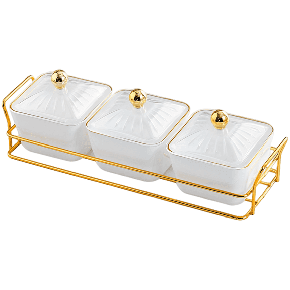 Condiment Serving Trays, 12.2 in Ceramic Bowls with Lid, Gold Metal Basket Tray, White Porcelain Square Dishes, Clear Covers, Gold Beads, 3-Grid Nut Serving Set for Home Living Room