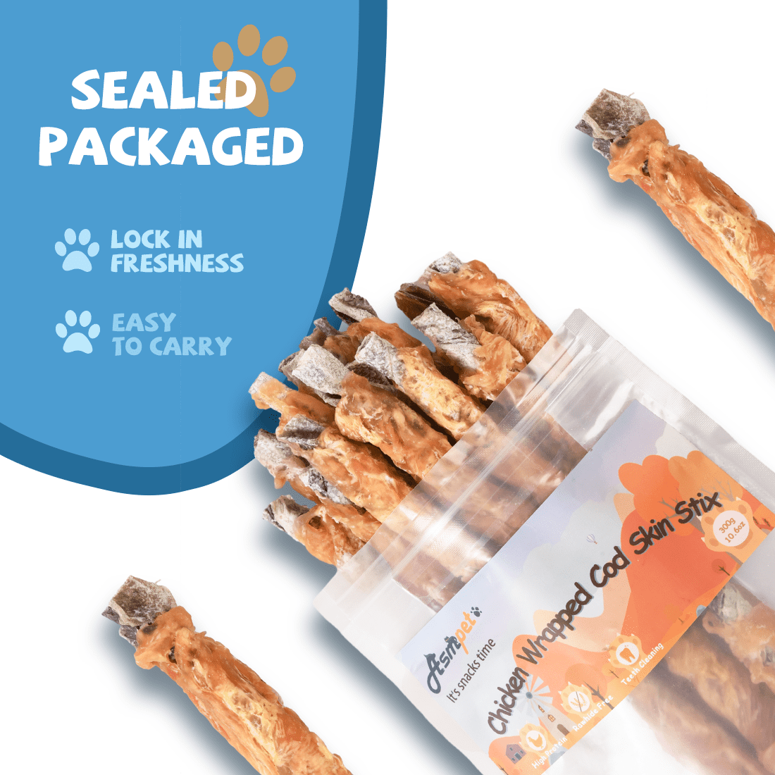 (2 pack) ASMPET Chicken Wrapped Cod Skin Dog Treats Natural Chew for Small Medium Large Dogs, 10.6oz Pouch