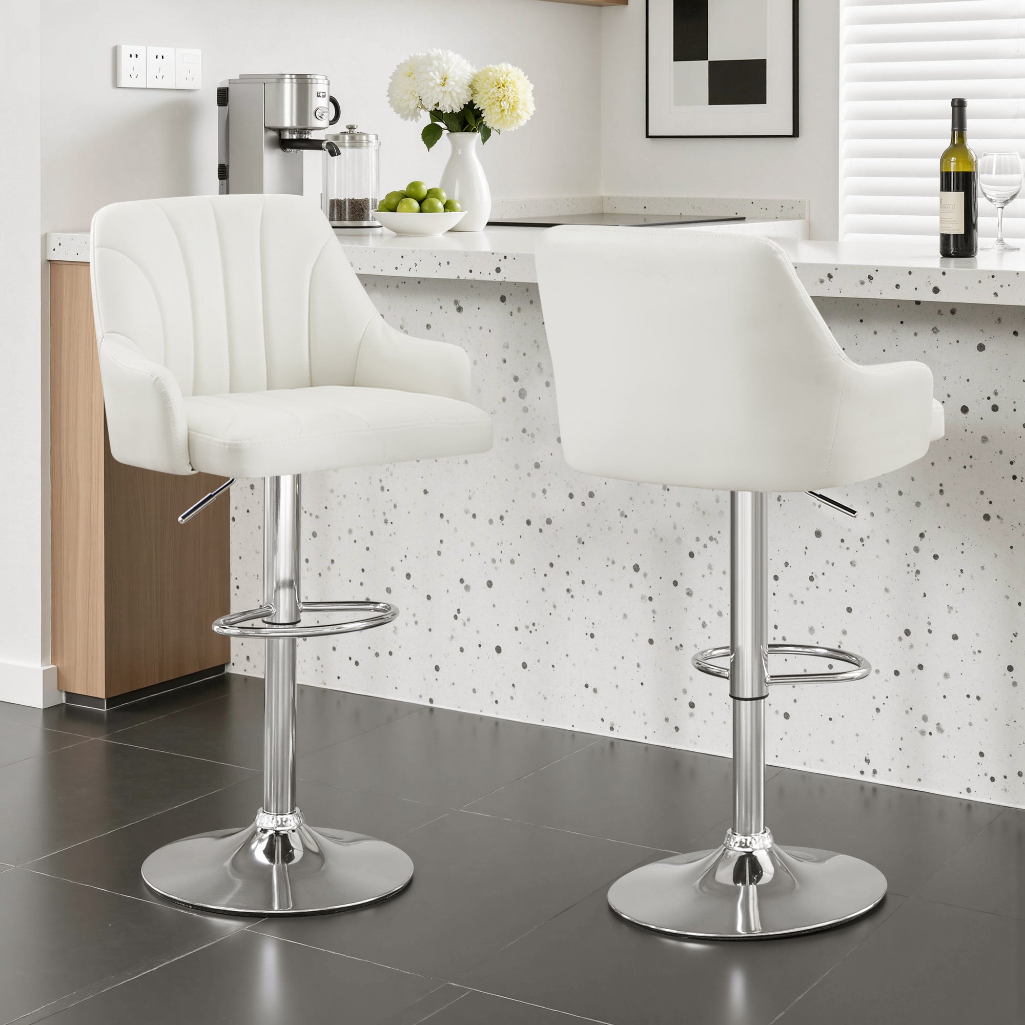 VECELO Set of 2 Swivel Bar Stools, Adjustable Counter Height Barstools Faux Leather Chair with Backrest and Armrest, White
