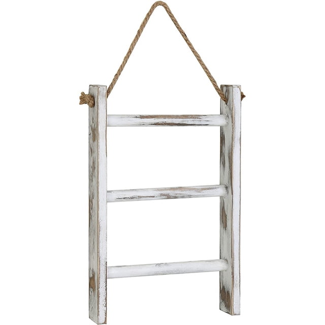 2X Wall-Hanging Towel Ladder Rustic Whitewashed Wood Countertop Ladder Farmhouse Decor Towels Rack with Adjustable Rope