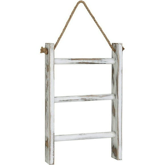 2X Wall-Hanging Towel Ladder Rustic Whitewashed Wood Countertop Ladder Farmhouse Decor Towels Rack with Adjustable Rope