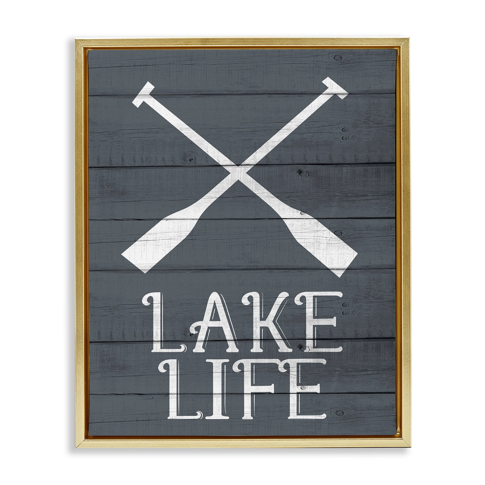 Stupell Industries Nautical Blue Lake Life Phrase Rustic Boat Oars Metallic Gold Framed Floating Canvas Wall Art, 16x20, by Kim Allen