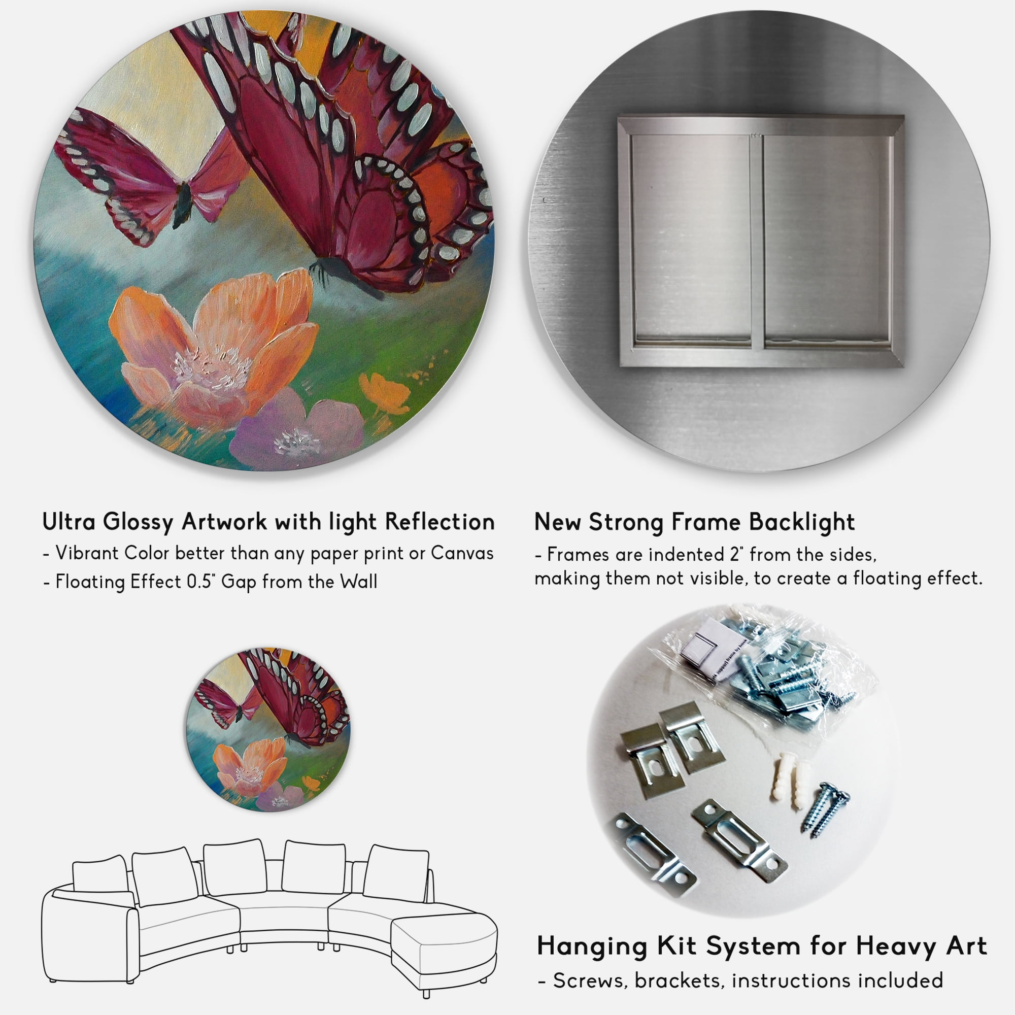 Designart 'Butterflies On Pink Flowers' Traditional Circle Metal Wall Art 29x29 - Disc of 29