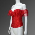 thumbnail image 5 of Women's Lace Corset Top Off Shoulder Short Sleeves Front Button Closure Floral Pattern Body Suit Shapewear Red M, 5 of 9