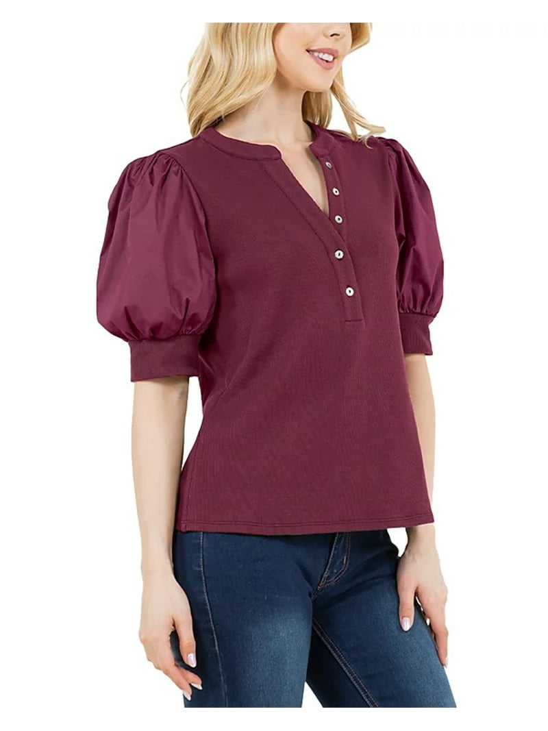 OFEEFAN Women's Pleated Puff Sleeve Top - V-Neck Loose Tunic Blouse In Burgundy, Sizes S-3XL