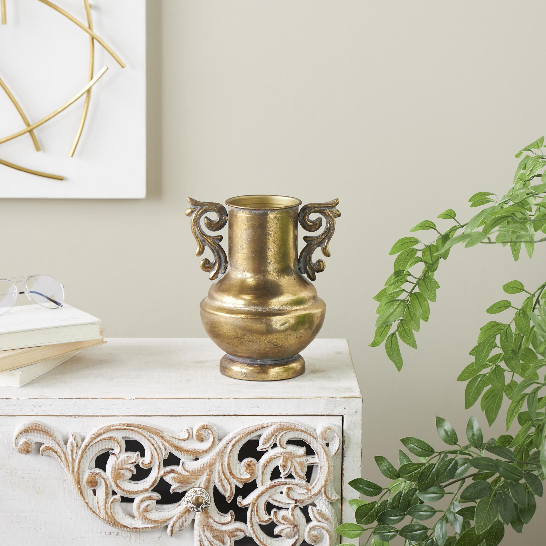 DecMode 10" Scroll Weathered Vintage Amphora Gold Metal Vase with Handles